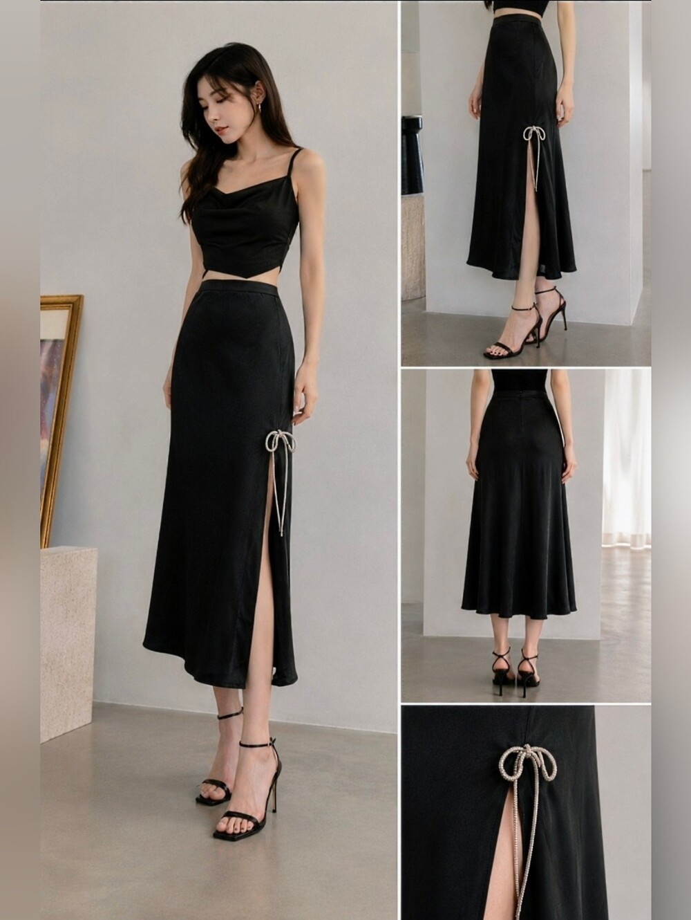 Black Silky Satin A-Line Midi Skirt Rhinestone Ribbon Side Slit Size XS NWT